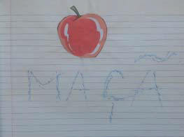 A palavra MAÇÃ escrita por uma criança abaixo de um desenho da fruta em uma página de caderno.