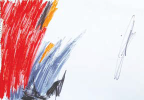 Desenho feito a mão por criança. Em uma folha sulfite, ela coloriu parte da folha com tons vermelhos, laranjas e pretos e deixou o outro lado do papel em branco.