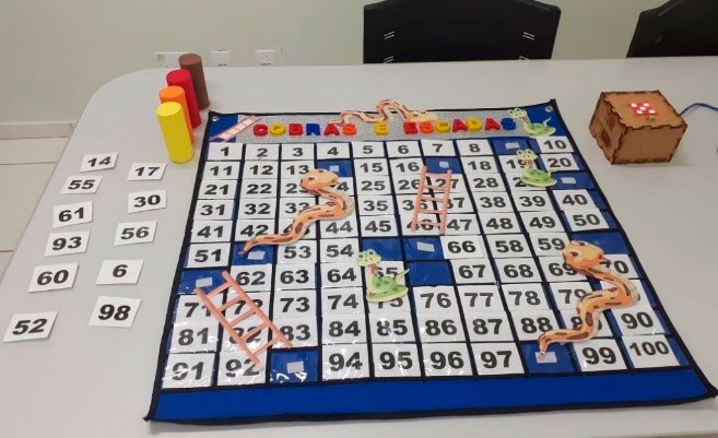 Jogo apresenta números sequenciados de 1 a 100 separados por quadrados brancos. Ao longo da tabela há figuras de cobras e escadas. Fim da descrição.