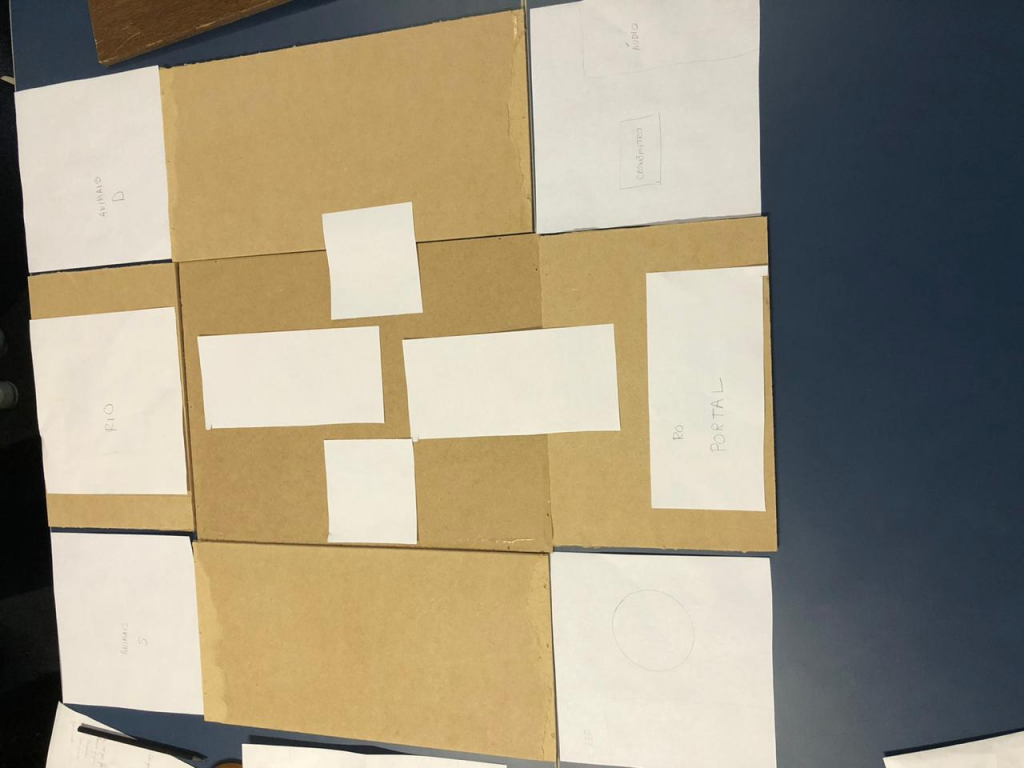 Protótipo de papelão do jogo Meu passeio animal. Há 5 retângulos de papelão acoplados com fitas. e quadro quadrados de papéis dispostos nas extremidades. Fim da descrição.