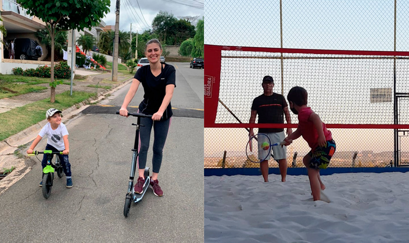 Montagem com duas fotos. À esquerda, foto de Joyce Renzi andando de patins com o filho, Nicolas. À direita, Nicolas jogando beach tennis com o pai. Fim da descrição. 