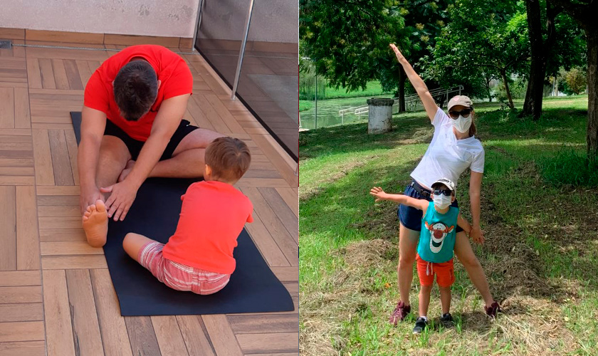 Montagem de duas fotos. À esquerda, criança faz alongamentos com o pai em um tapete de ioga. À direita, mãe e filho de máscara estão em parque, com os braços abertos. Fim da descrição.