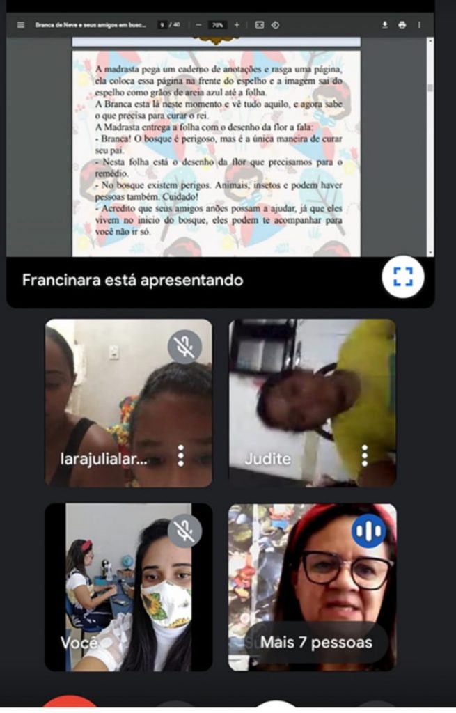 Captura de tela de reunião virtual entre estudantes, familiares e educadoras durante a realização do jogo acessível. Fim da descrição