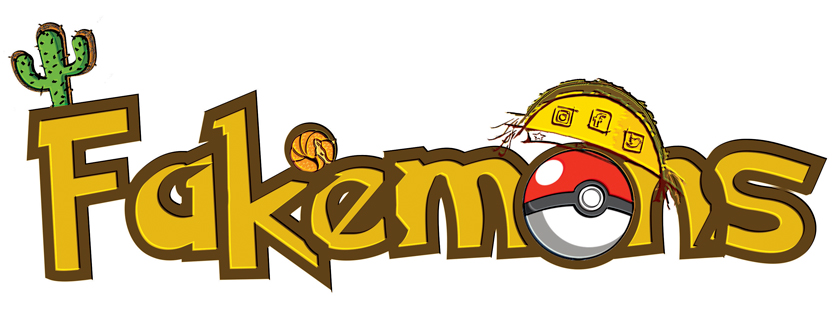 Logotipo Fakemos, com ícones de cactos, Pokémon e chapéu de cangaceiro. Fim da descrição.