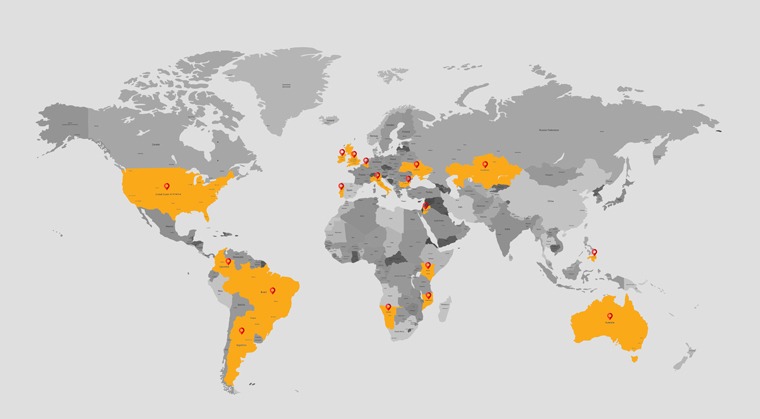 Imagem do mapa-múndi com os países que já tiveram suas políticas públicas em educação inclusiva publicadas no DIVERSA na cor amarela. Fim da descrição.