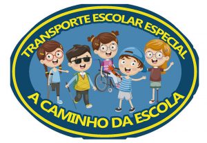 Logotipo do projeto em formato oval com texto ao redor: “transporte escolar especial a caminho da escola”. Ao centro, ilustração de cinco crianças brancas com diferentes tipos de deficiência.