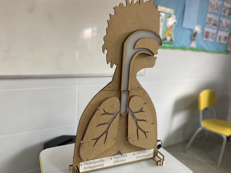 Em uma sala de aula, material pedagógico acessível “Respiração” está sobre carteira. O material é feito de MDF e tem a silhueta de um corpo humano, com destaque para o pulmão e todo sistema respiratório. Fim da descrição.