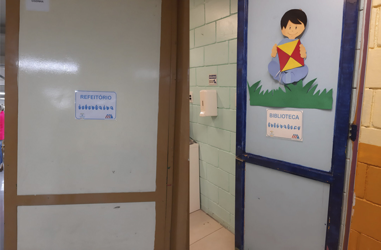 Montagem com duas fotos de ambientes da escola que possuem placa com sinais em Libras. À esquerda, refeitório. À direita, Libras.