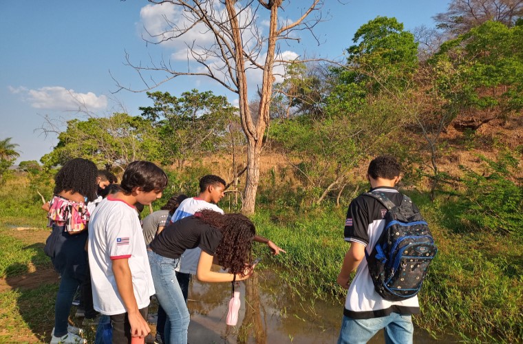Grupo de estudantes observa e fotografa vegetação de mata ciliar em um rio. Fim da descrição.