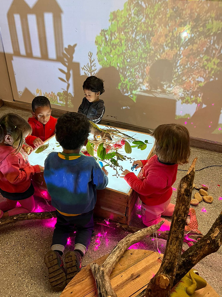 Cinco crianças pequenas estão em volta de uma mesa de luz. Cada uma delas observa e interage com elementos de diferentes tipos, como folhas, flores e dinossauros de brinquedo. Uma floresta é projetada na parede da sala, onde outros materiais, como galhos e madeiras, foram espalhados para exploração das crianças.