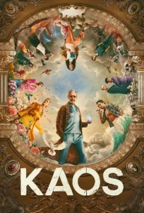 Pôster da série "Kaos", da Netflix. Uma composição circular no estilo de um afresco clássico emoldurado em ouro ornamentado. No centro inferior, um homem de terno azul reluzente e casaco estampado segura um raio brilhante na mão, rodeado por uma pomba branca. Ao redor dele, dispostos em círculo em várias posições e direções, estão outros personagens em cenários dramáticos, incluindo um homem com um tridente e charuto, flores, caveiras e céus tempestuosos. No centro, sobressai o título "KAOS" em letras grandes e douradas.